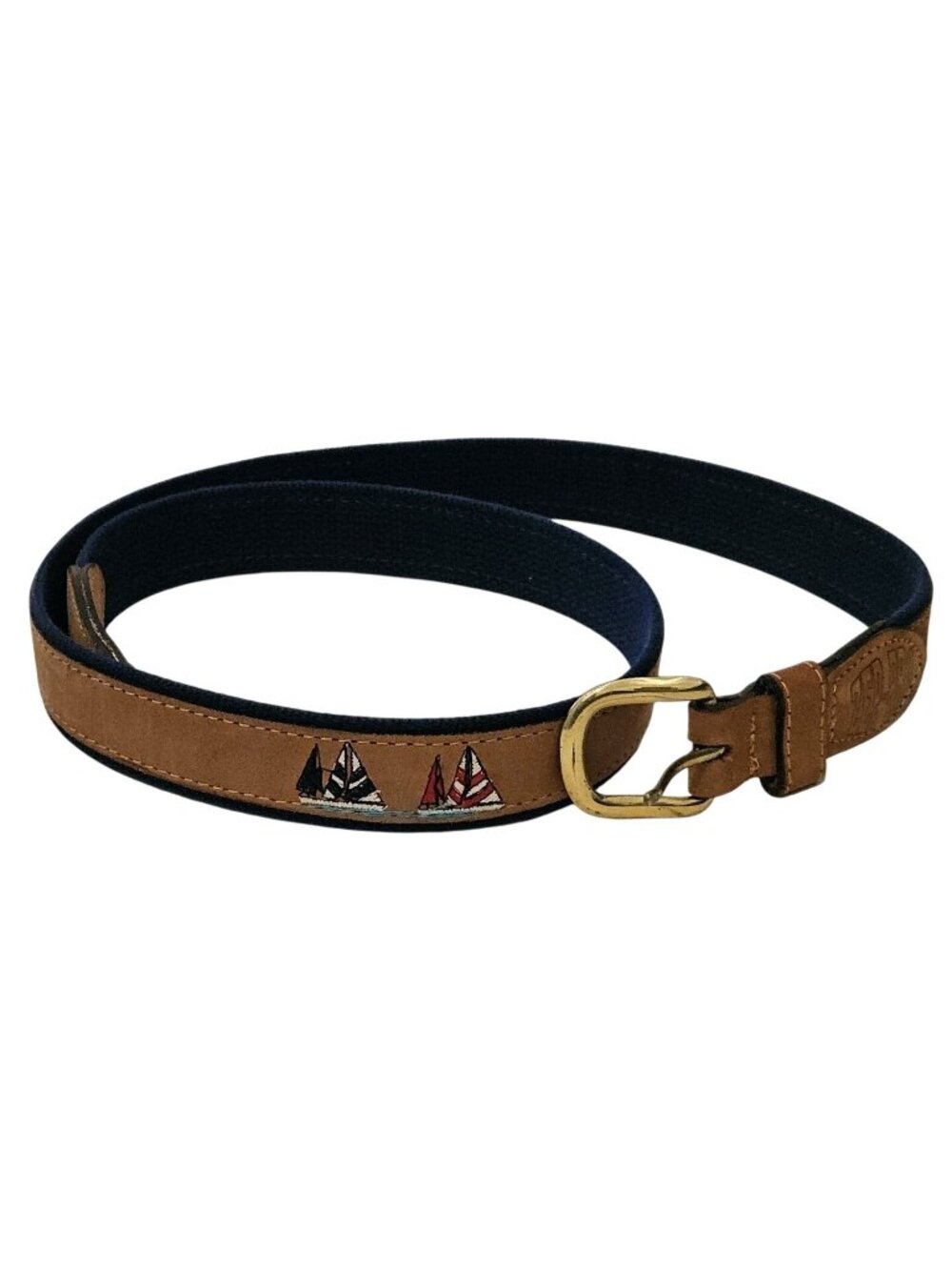 ZEP-PRO Brown Leather Blue Nautical Sailboat Belt Brass Buckle Mens 44